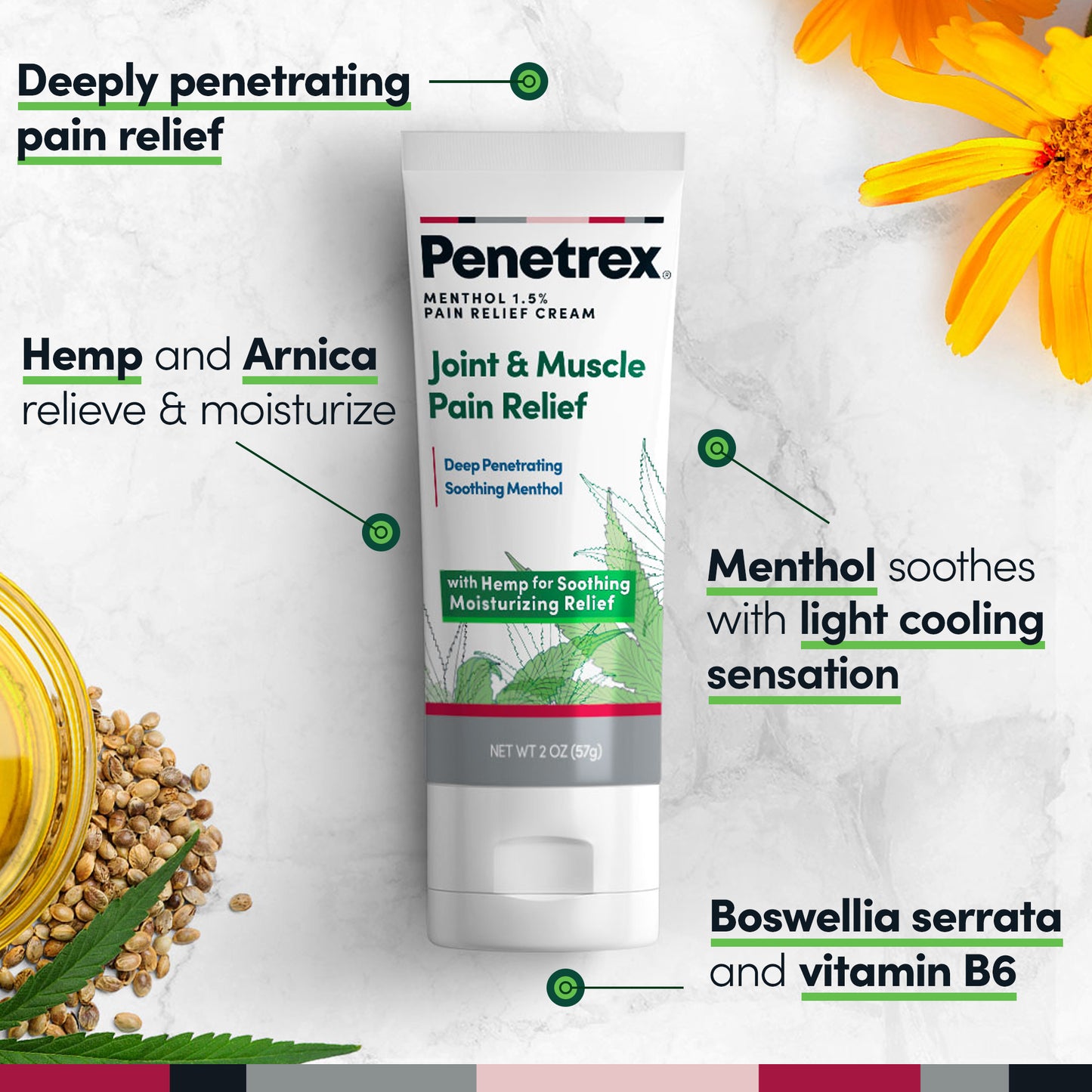 Penetrex Joint & Muscle Moisturizing Pain Relief Cream with Hemp & Menthol, 2 Oz.